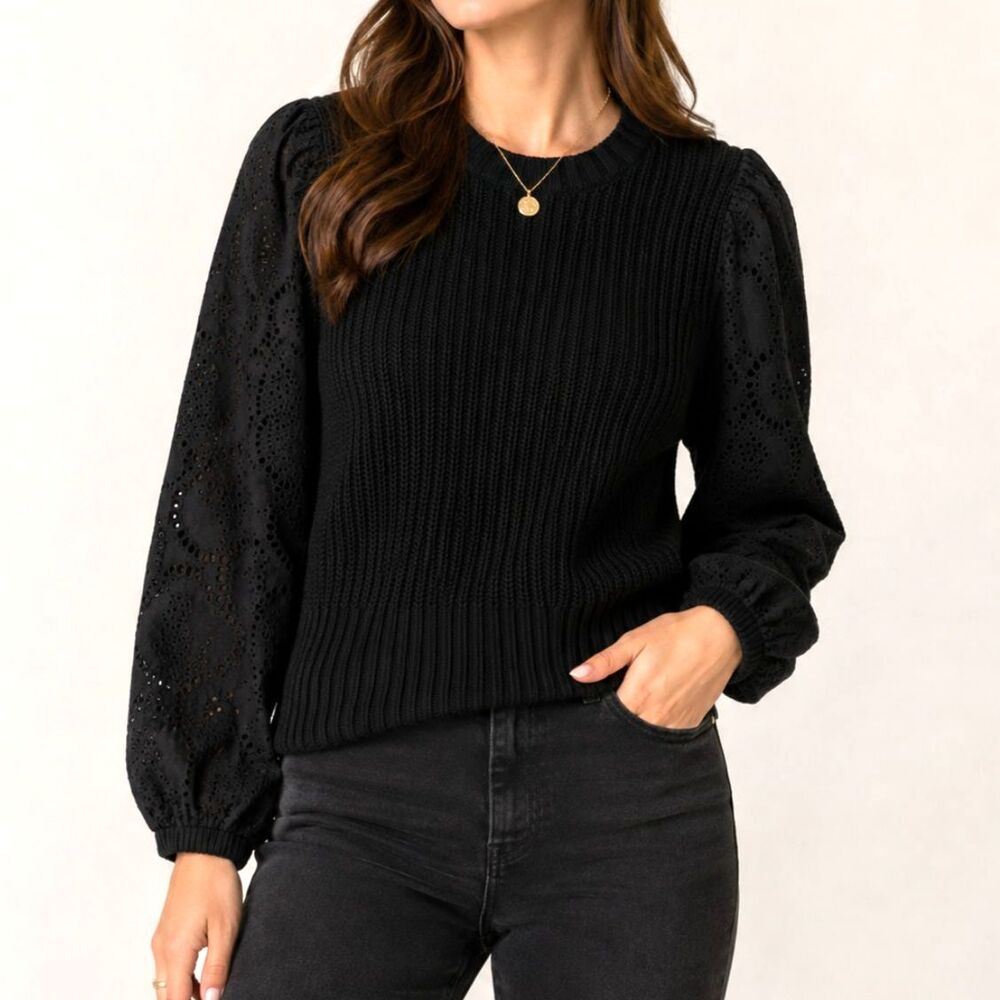 Rails Dhalia Black Eyelet Puff Sleeve BCI Cotton Blend Chunky Knit Sweater M